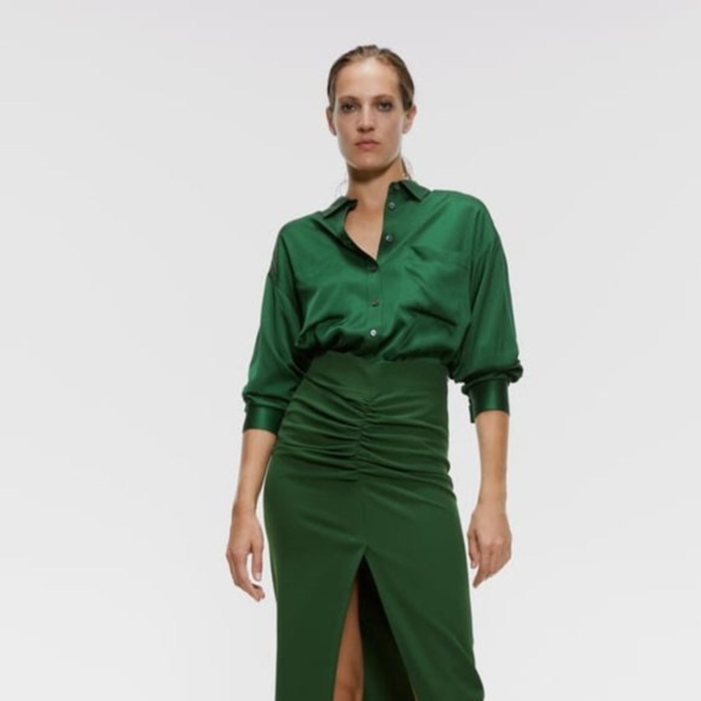 Zara Green Silk Shirt with Pockets Size Small